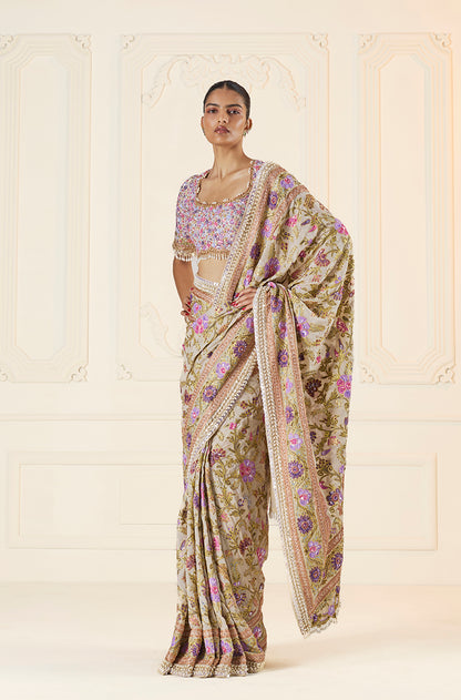Badami Multi-Resham & Kashmiri Embroidered Saree Set