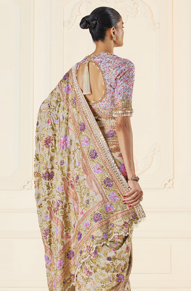 Badami Multi-Resham & Kashmiri Embroidered Saree Set