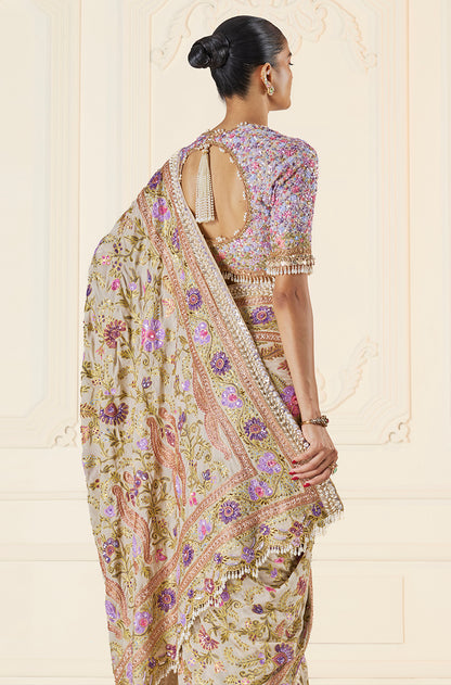 Badami Multi-Resham & Kashmiri Embroidered Saree Set