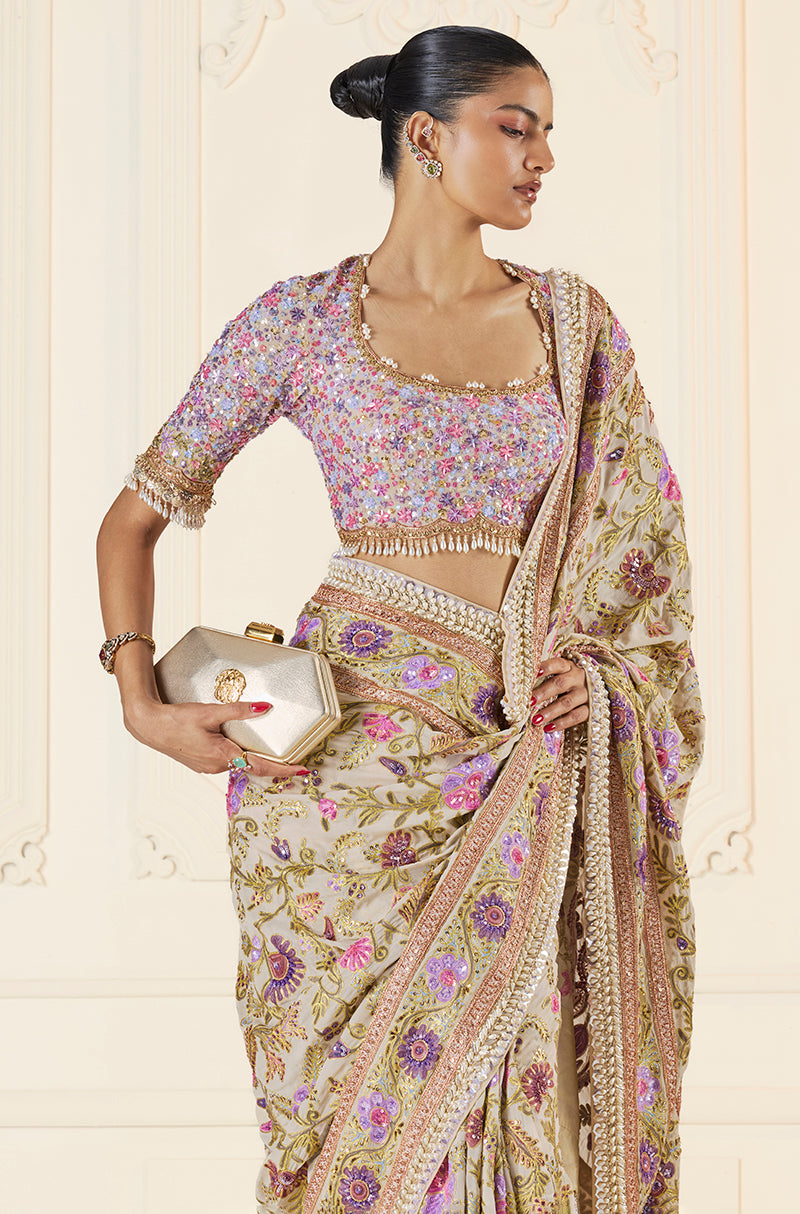 Badami Multi-Resham & Kashmiri Embroidered Saree Set