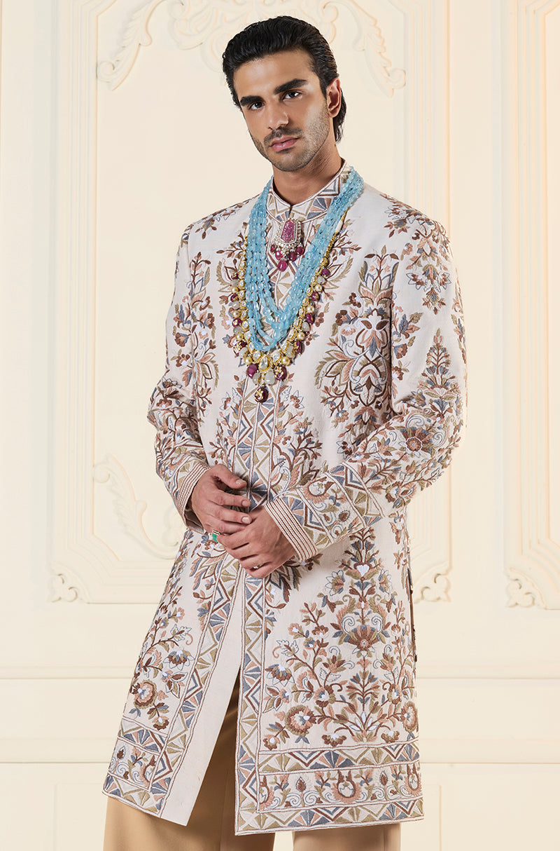 Ivory Multi Threadwork Mijwan Embroidered Sherwani Set
