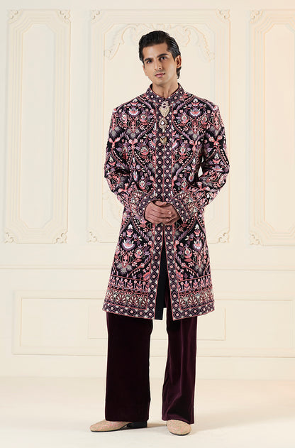 Black Pink Thread Embroidered Mijwan Sherwani Set
