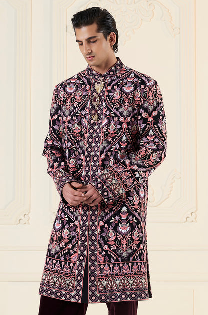 Black Pink Thread Embroidered Mijwan Sherwani Set