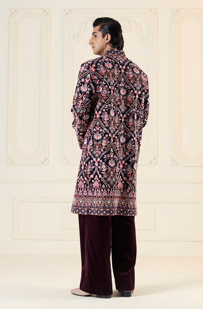 Black Pink Thread Embroidered Mijwan Sherwani Set