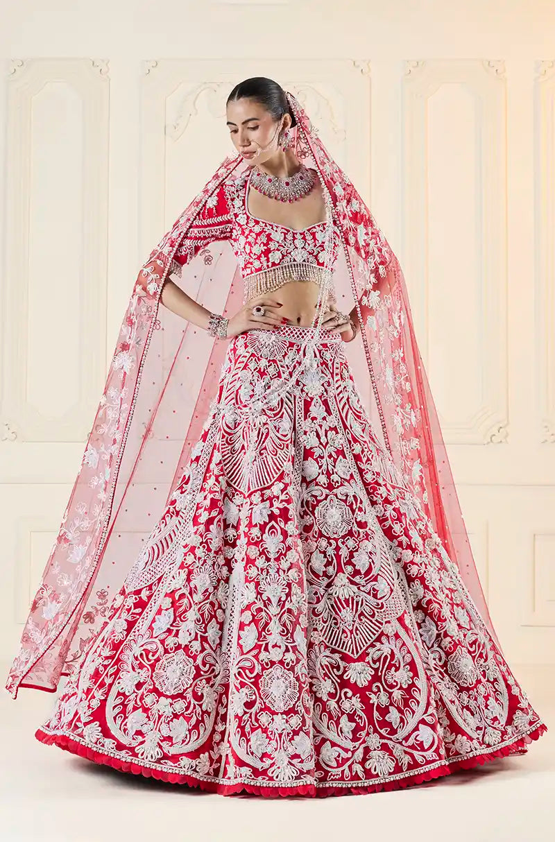 Red & Ivory Dori Embroidered Lehenga Set