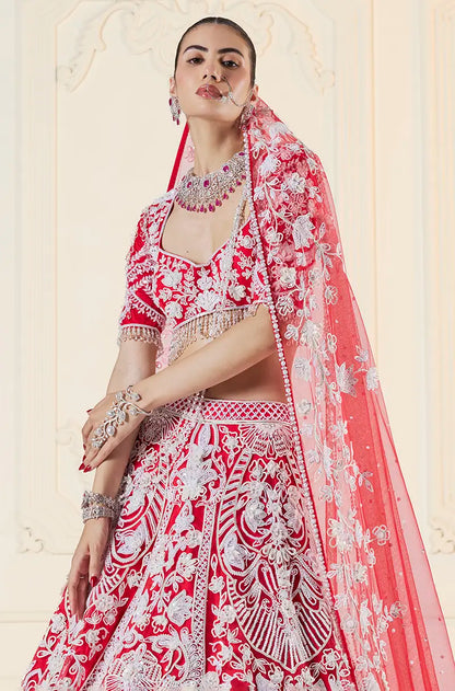 Red & Ivory Dori Embroidered Lehenga Set