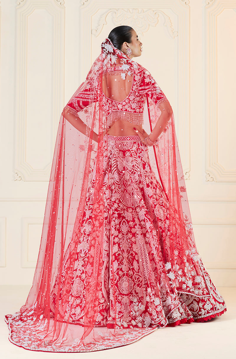 Red & Ivory Dori Embroidered Lehenga Set