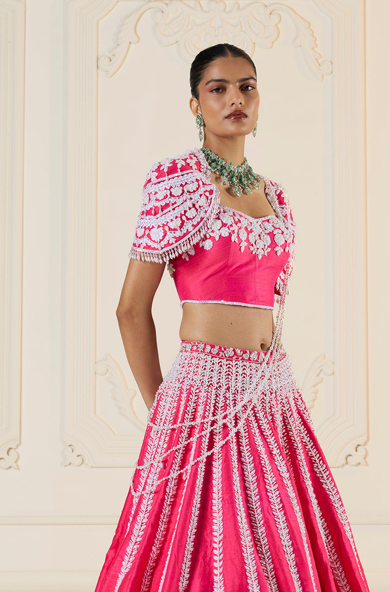 Watermelon Rawsilk Kashmiri Embroidered Lehenga Set