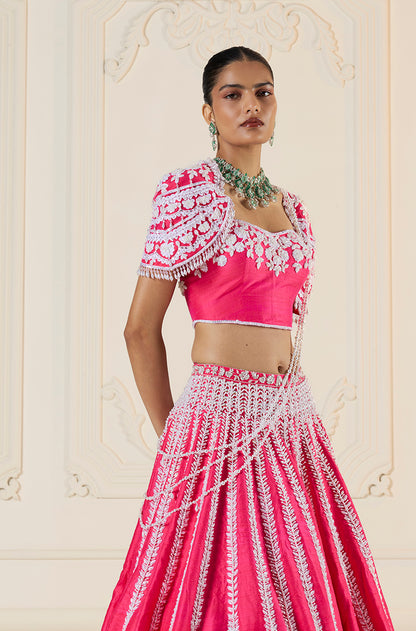 Watermelon Rawsilk Kashmiri Embroidered Lehenga Set