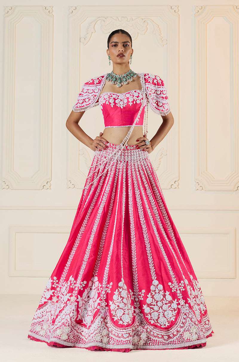 Watermelon Rawsilk Kashmiri Embroidered Lehenga Set