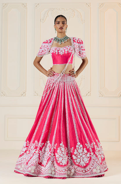 Watermelon Rawsilk Kashmiri Embroidered Lehenga Set