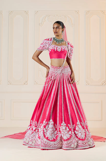 Watermelon Rawsilk Kashmiri Embroidered Lehenga Set