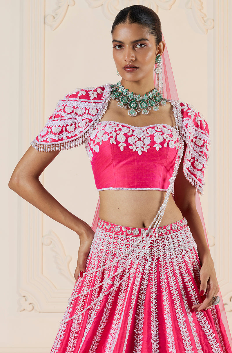 Watermelon Rawsilk Kashmiri Embroidered Lehenga Set