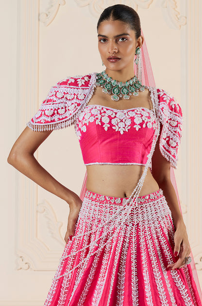 Watermelon Rawsilk Kashmiri Embroidered Lehenga Set