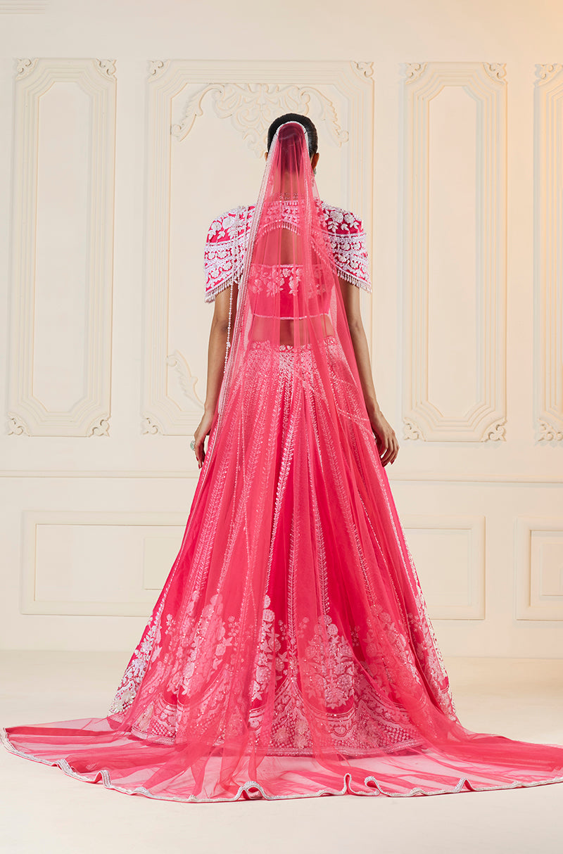 Watermelon Rawsilk Kashmiri Embroidered Lehenga Set