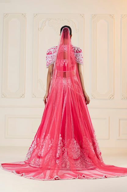 Watermelon Rawsilk Kashmiri Embroidered Lehenga Set