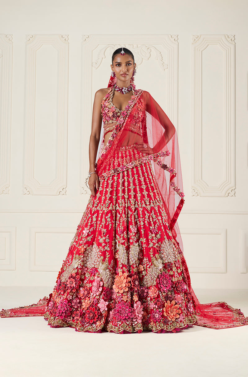 Red Tulle with Multi-Color 3D Flower Embroidered Lehenga Set
