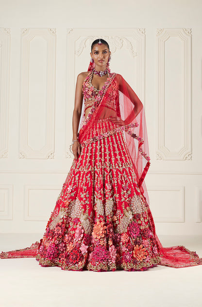 Red Tulle with Multi-Color 3D Flower Embroidered Lehenga Set