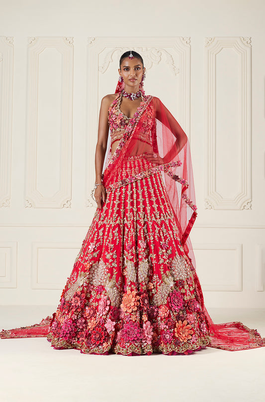 Red Tulle with Multi-Color 3D Flower Embroidered Lehenga Set