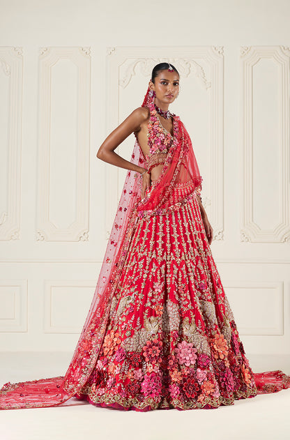 Red Tulle with Multi-Color 3D Flower Embroidered Lehenga Set