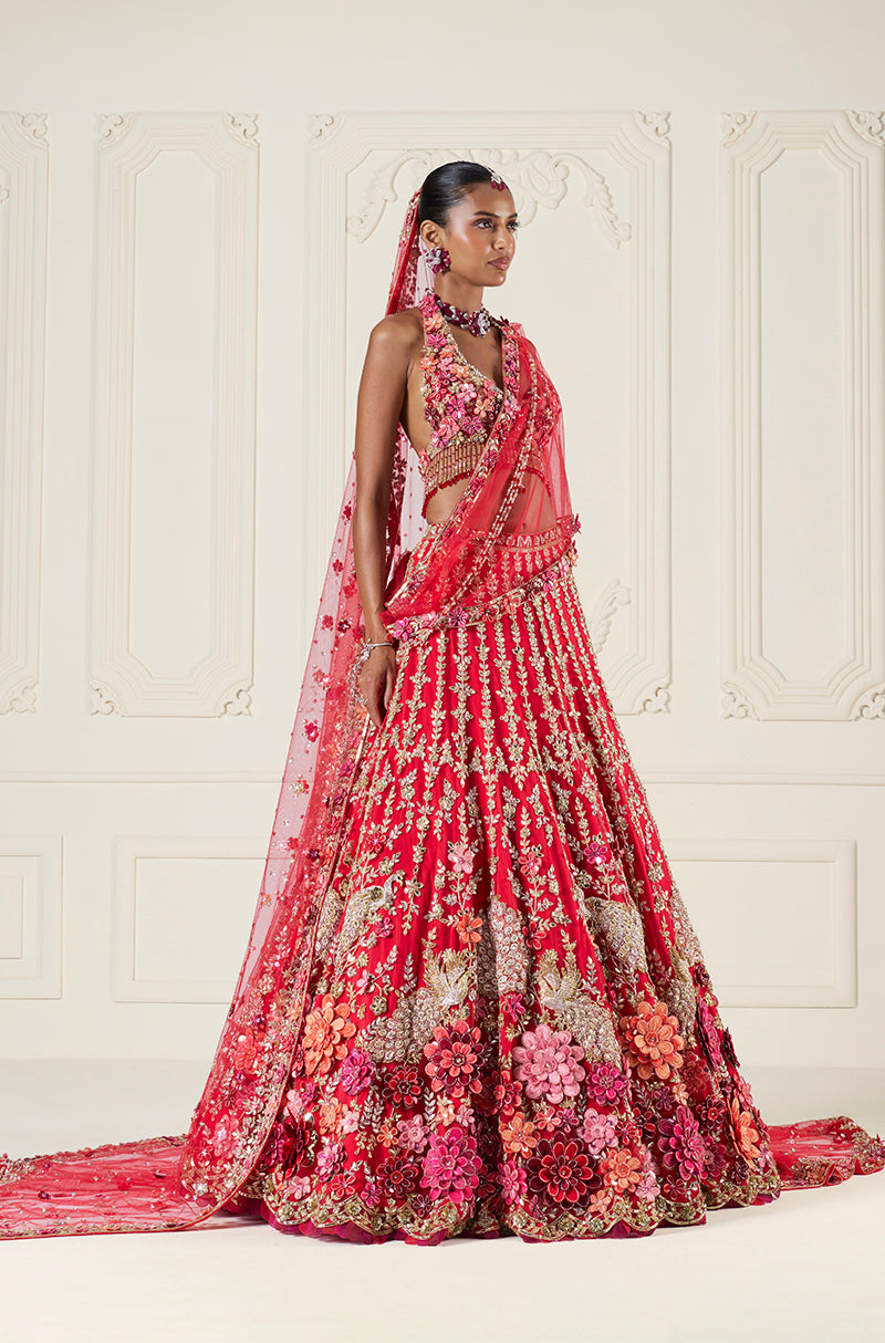 Red Tulle with Multi-Color 3D Flower Embroidered Lehenga Set