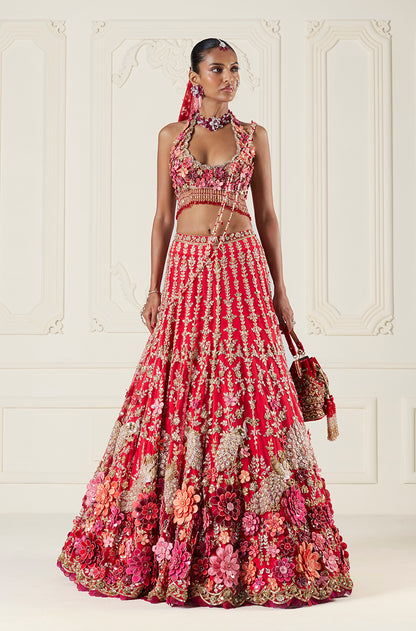 Red Tulle with Multi-Color 3D Flower Embroidered Lehenga Set