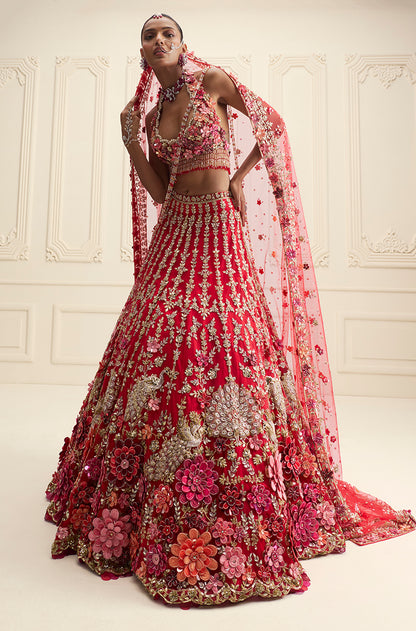 Red Tulle with Multi-Color 3D Flower Embroidered Lehenga Set