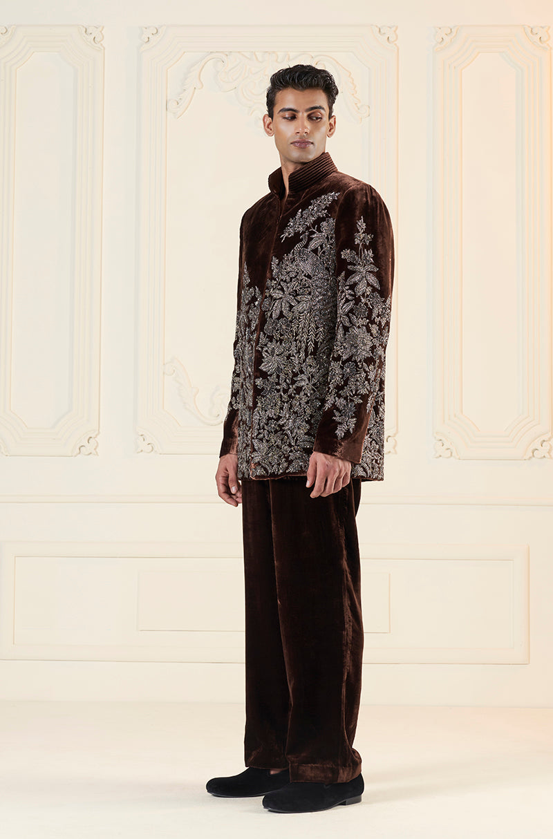 Brown With Antique Zardozi Embroidery Short Sherwani Set