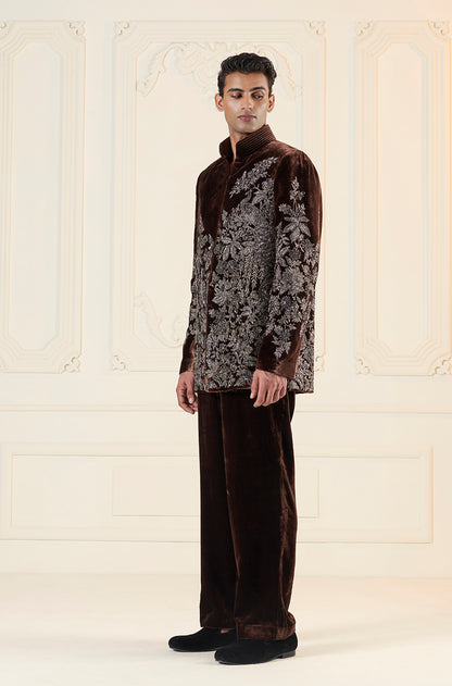 Brown With Antique Zardozi Embroidery Short Sherwani Set