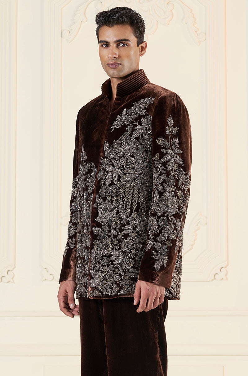 Brown With Antique Zardozi Embroidery Short Sherwani Set