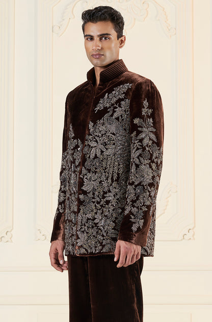 Brown With Antique Zardozi Embroidery Short Sherwani Set
