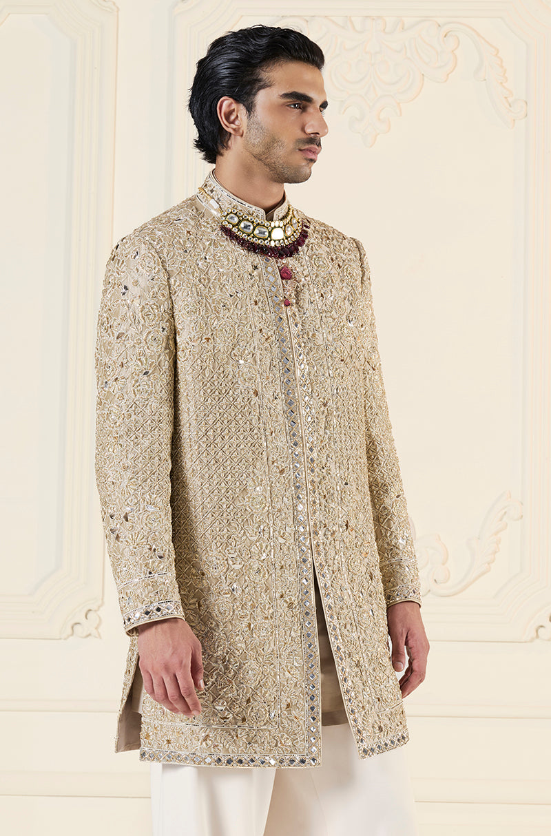 Gold Embroidered Short Sherwani Set