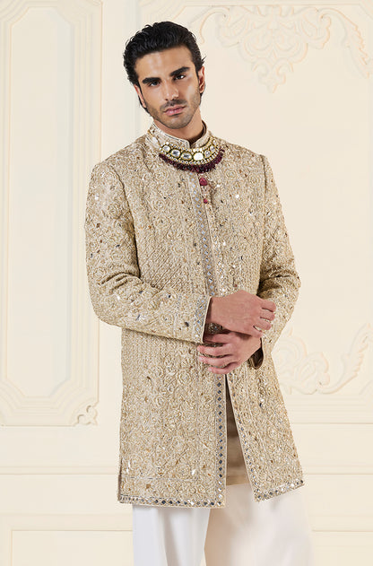 Gold Embroidered Short Sherwani Set