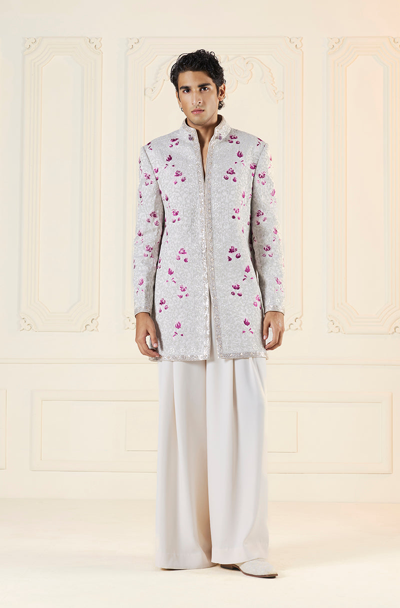 Ivory & Silver with Pink Highlights Embroidered Short Sherwani Set
