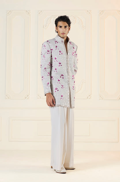 Ivory & Silver with Pink Highlights Embroidered Short Sherwani Set