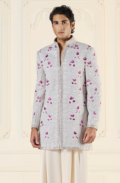 Ivory & Silver with Pink Highlights Embroidered Short Sherwani Set