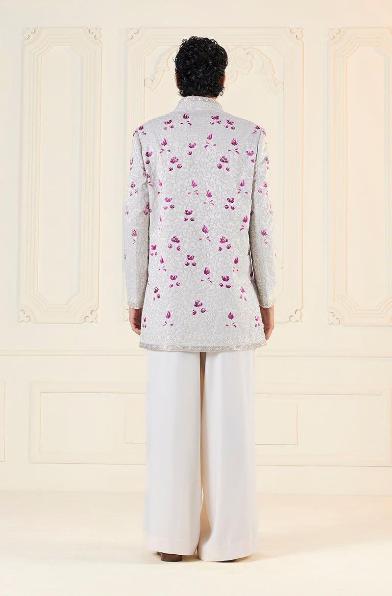 Ivory & Silver with Pink Highlights Embroidered Short Sherwani Set