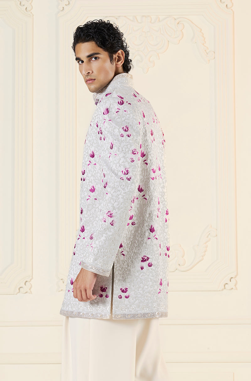 Ivory & Silver with Pink Highlights Embroidered Short Sherwani Set