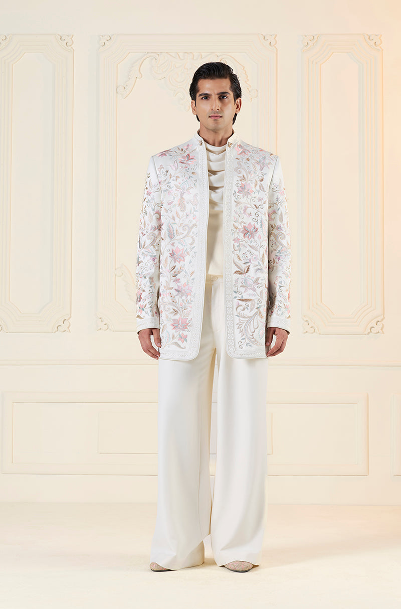 Ivory with Pink Floral Thread Embroidered Short Sherwani Set