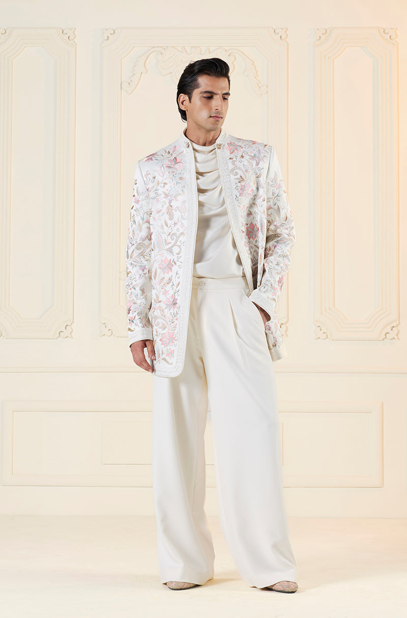 Ivory with Pink Floral Thread Embroidered Short Sherwani Set