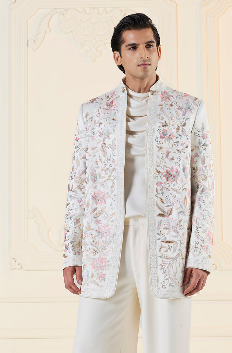 Ivory with Pink Floral Thread Embroidered Short Sherwani Set