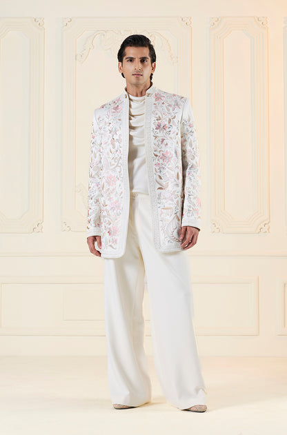 Ivory with Pink Floral Thread Embroidered Short Sherwani Set