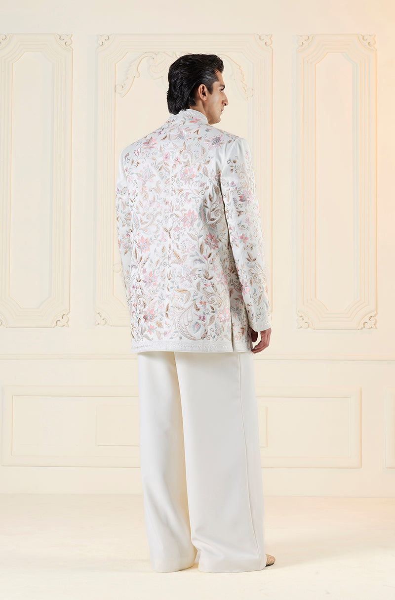 Ivory with Pink Floral Thread Embroidered Short Sherwani Set