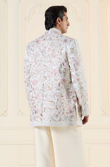 Ivory with Pink Floral Thread Embroidered Short Sherwani Set