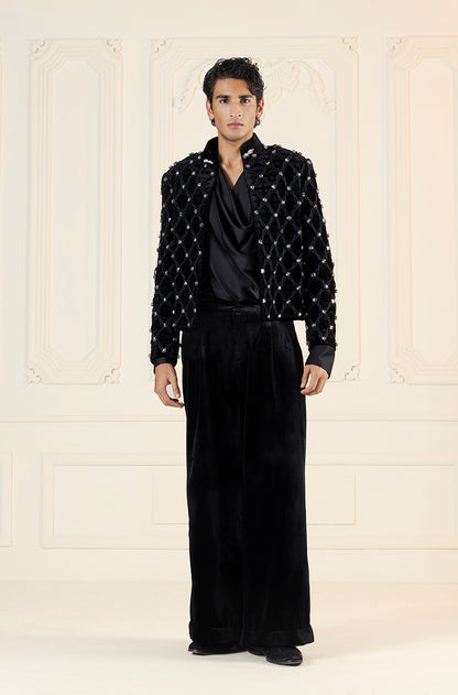 Black Velvet Criss-Cross & Stonework Jacket Set