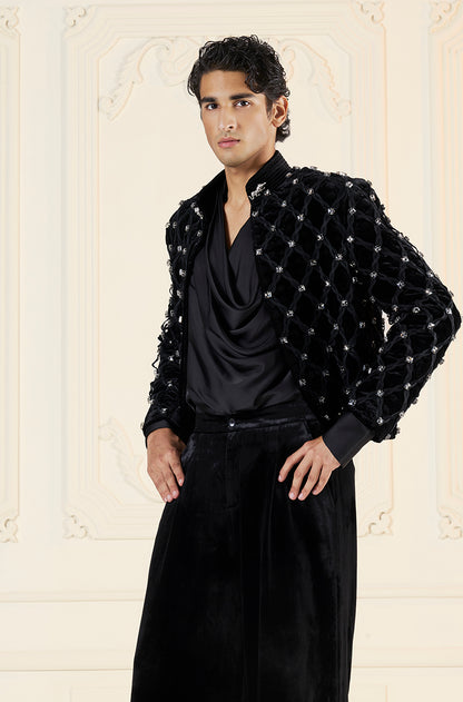 Black Velvet Criss-Cross & Stonework Jacket Set