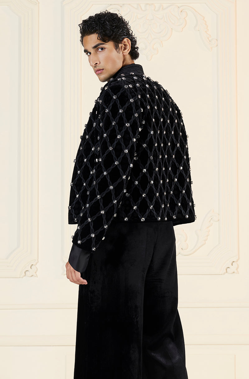 Black Velvet Criss-Cross & Stonework Jacket Set