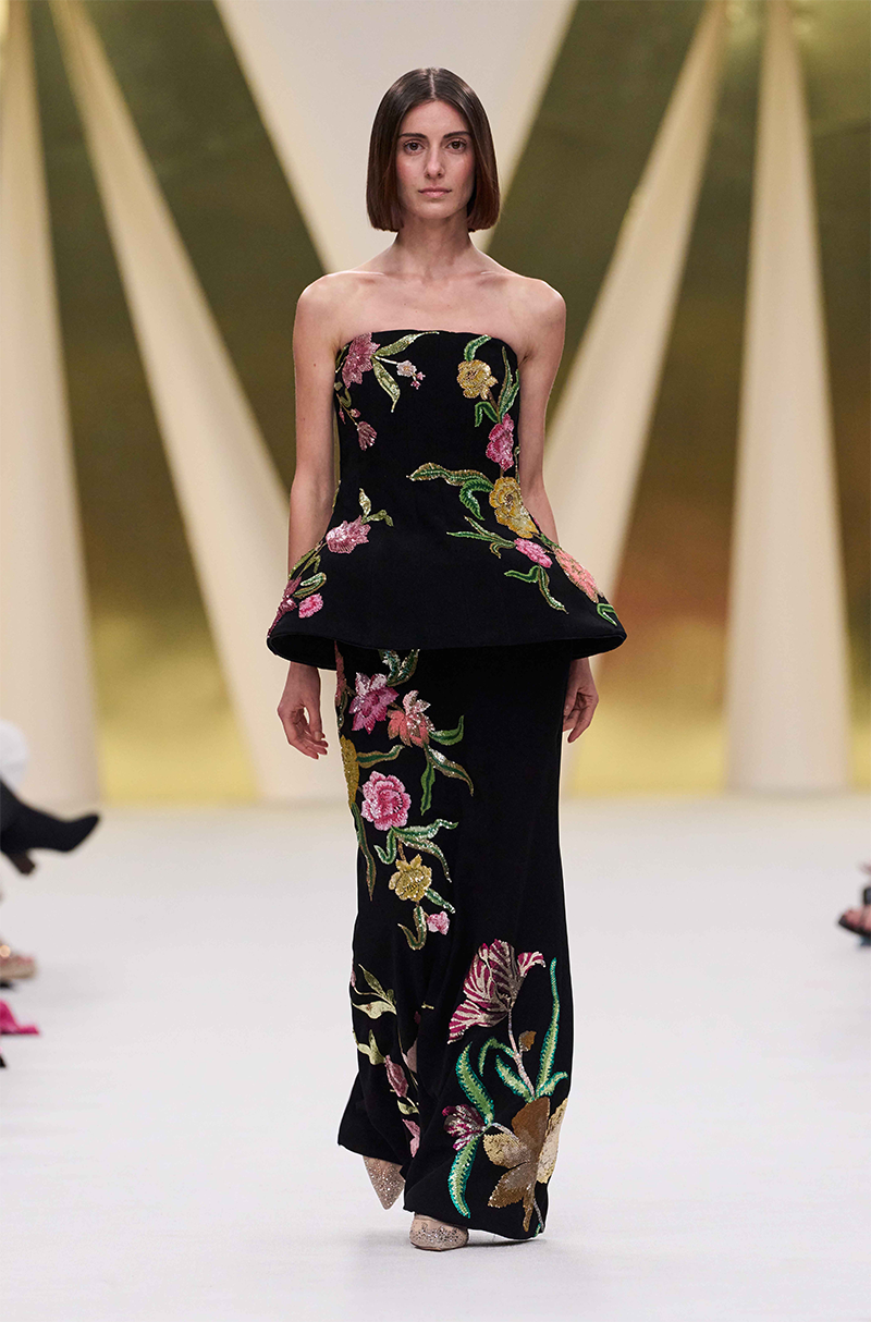 Black Embroidered Peplum Top Skirt Set