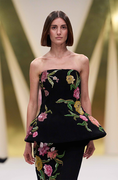 Black Embroidered Peplum Top Skirt Set