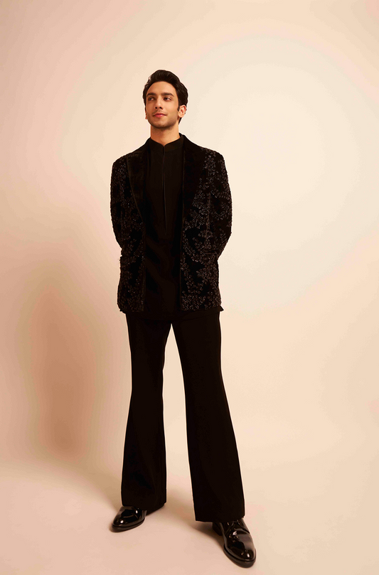 Vedang Raina in our Black Embroidered Velvet Jacket Set